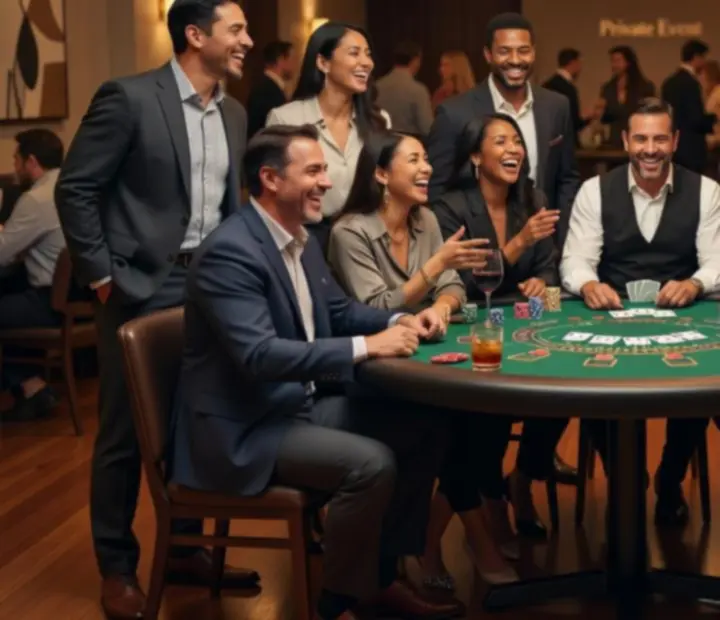 Vendégek blackjack asztal körül, társasági est hangulat