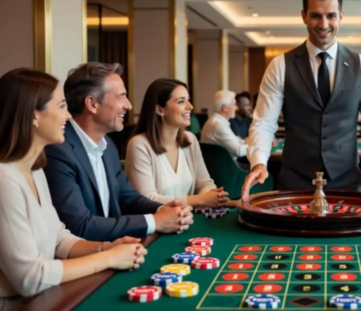 Profi croupier és házigazda egy rulett rendezvényen, elegáns vendégek között.