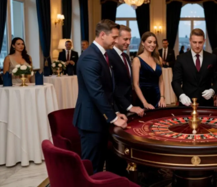 Elegáns rulettasztal körül vendégek játszanak egy prémium kaszinó hangulatú rendezvényen.